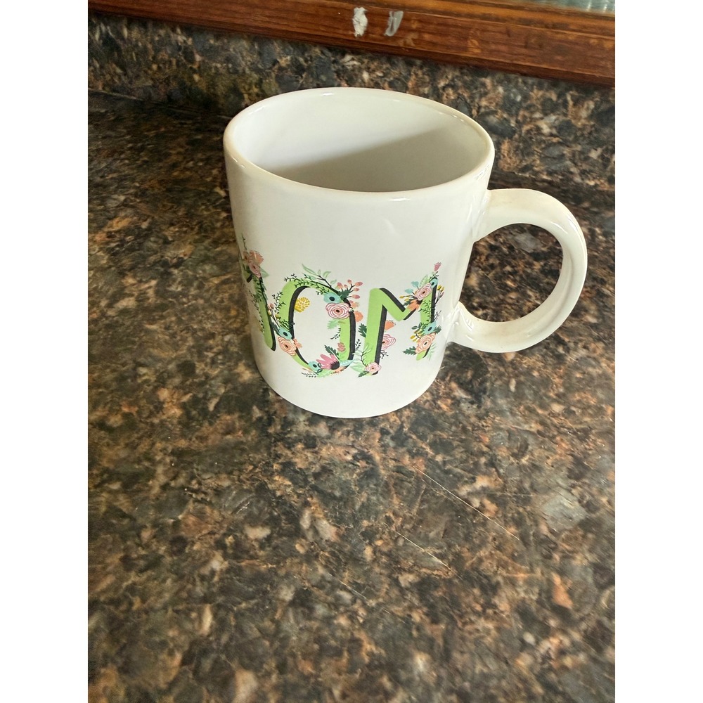 MOM Floral Ceramic Coffee Mug White Green Pink Mother's Day Gift